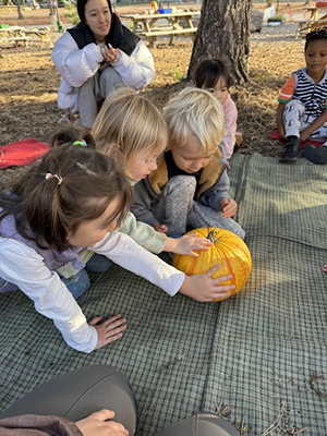 Three children touch the bumpy surface of a yellow-and-orange striped pumpkin while another classmate and a teacher watch